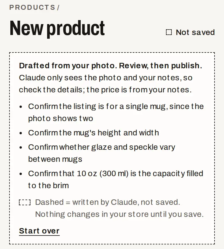 The draft on a phone, not saved yet. Claude asks you to confirm that the listing is for a single mug, since the photo shows two; the mug’s height and width; whether glaze and speckle vary between mugs; and that 10 oz (300 ml) is the capacity filled to the brim.
