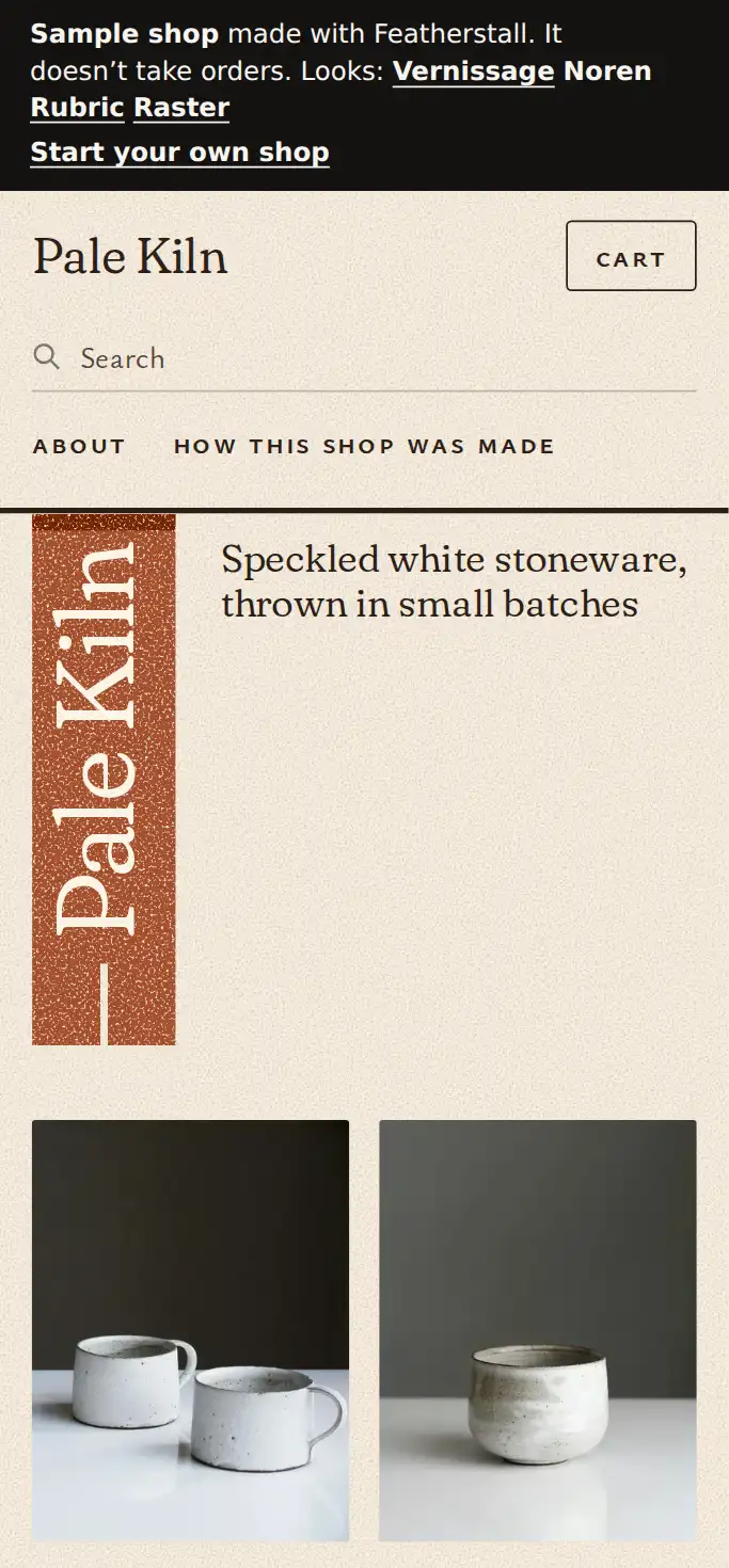 Pale Kiln’s home page in the Noren look: the shop’s name on a rust-red banner, with a Speckled Mug at $36.00 and a Tea Bowl at $26.00.