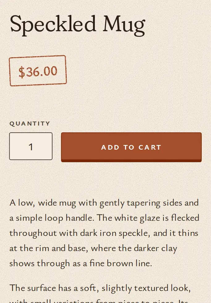 The saved Speckled Mug page: $36.00, an Add to cart button, Claude’s two paragraphs, and the details list with our answers.