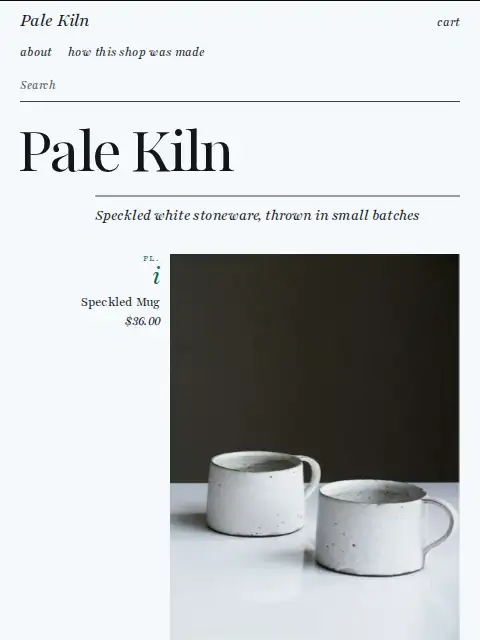 Pale Kiln’s home page in the Rubric look.
